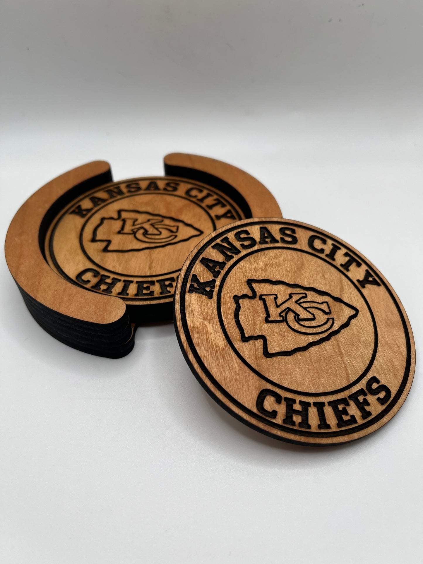 Kansas City Chiefs Laser Engraved Wooden Coaster Set - Stained & Sealed for Durability