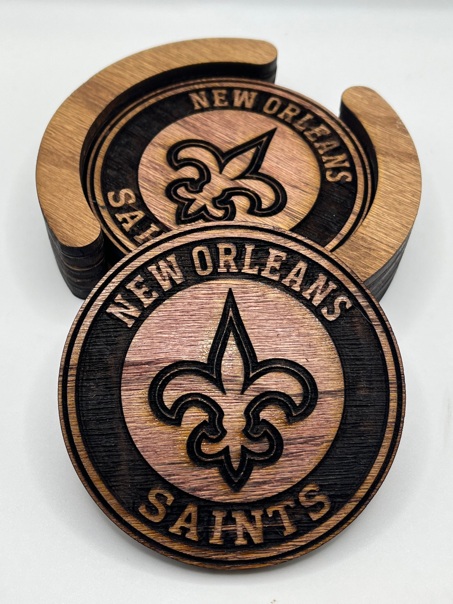 New Orleans Saints Laser Engraved Wooden Coaster Set - Stained & Sealed for Durability