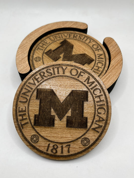 University of Michigan Laser Engraved Wooden Coaster Set - Stained & Sealed for Durability