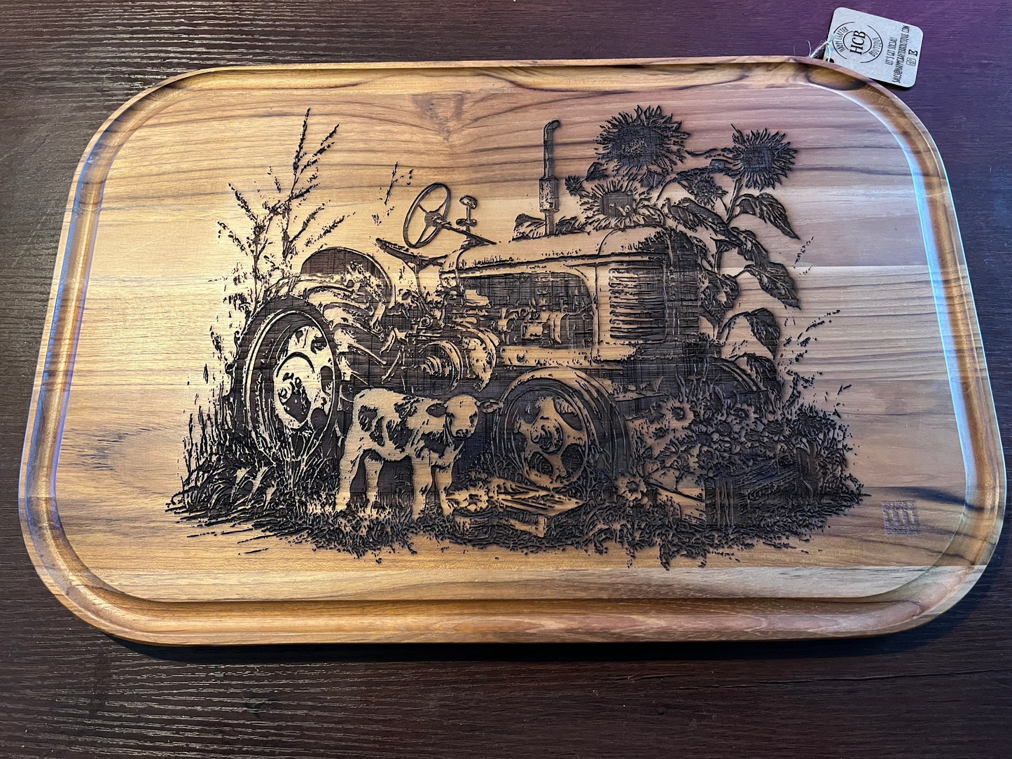 Custom Laser Engraved Cutting Board | Tractor and Field Design | Pre-Oiled for Durability