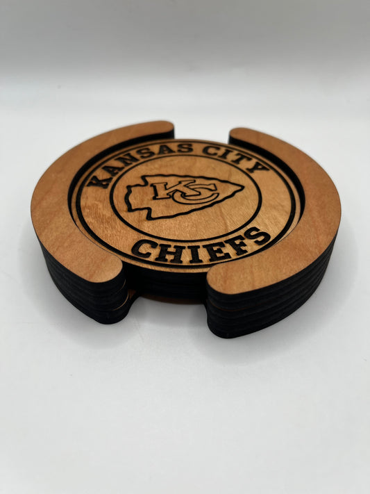 Kansas City Chiefs Laser Engraved Wooden Coaster Set - Stained & Sealed for Durability