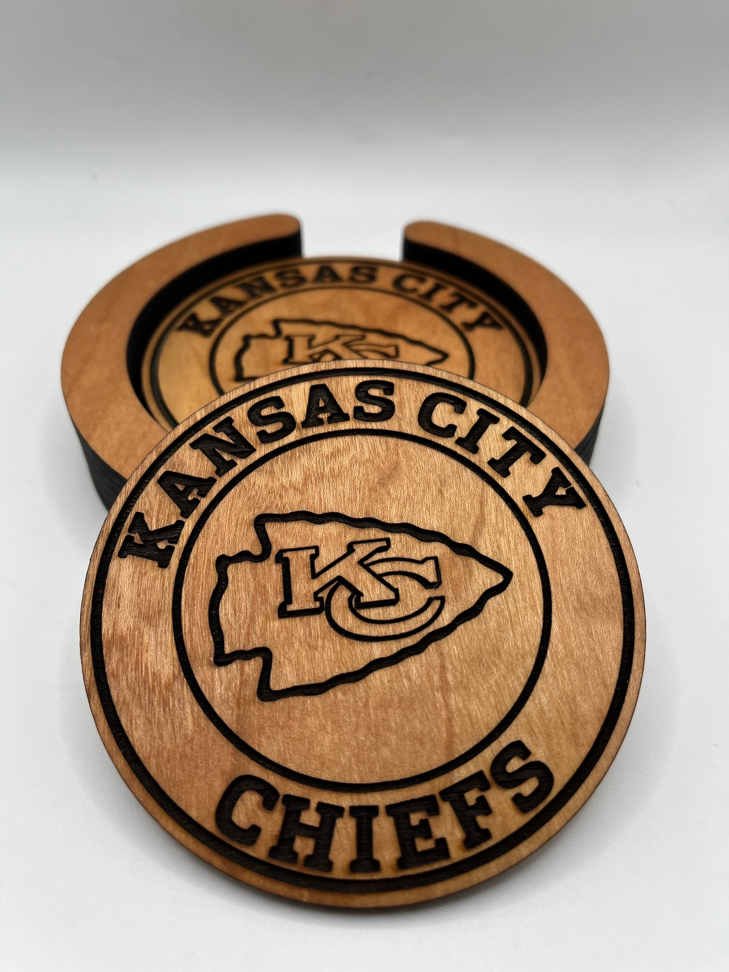 Kansas City Chiefs Laser Engraved Wooden Coaster Set - Stained & Sealed for Durability