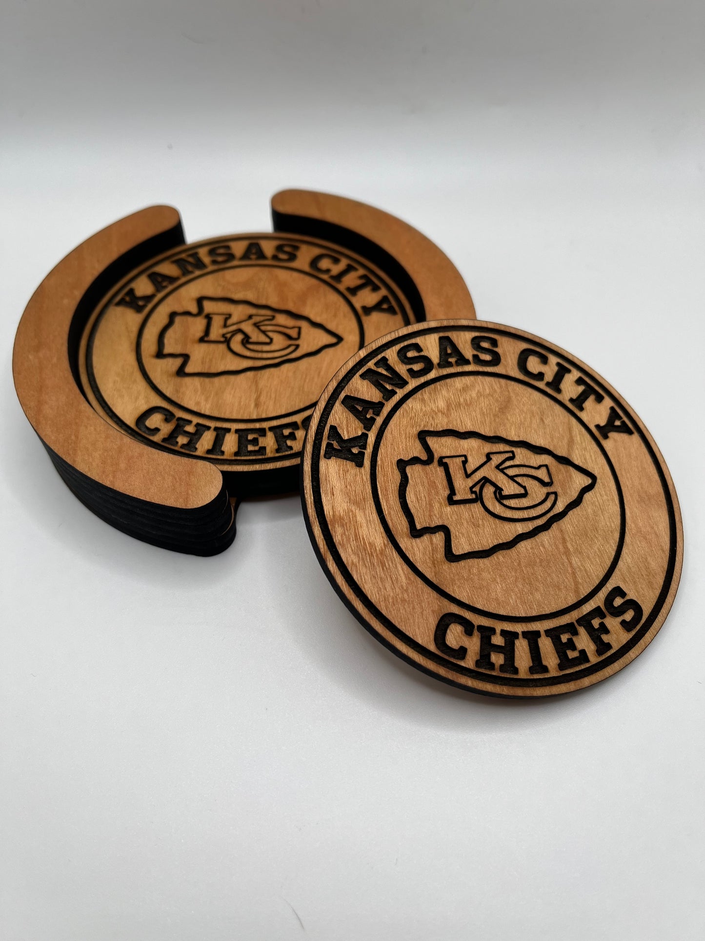 Kansas City Chiefs Laser Engraved Wooden Coaster Set - Stained & Sealed for Durability