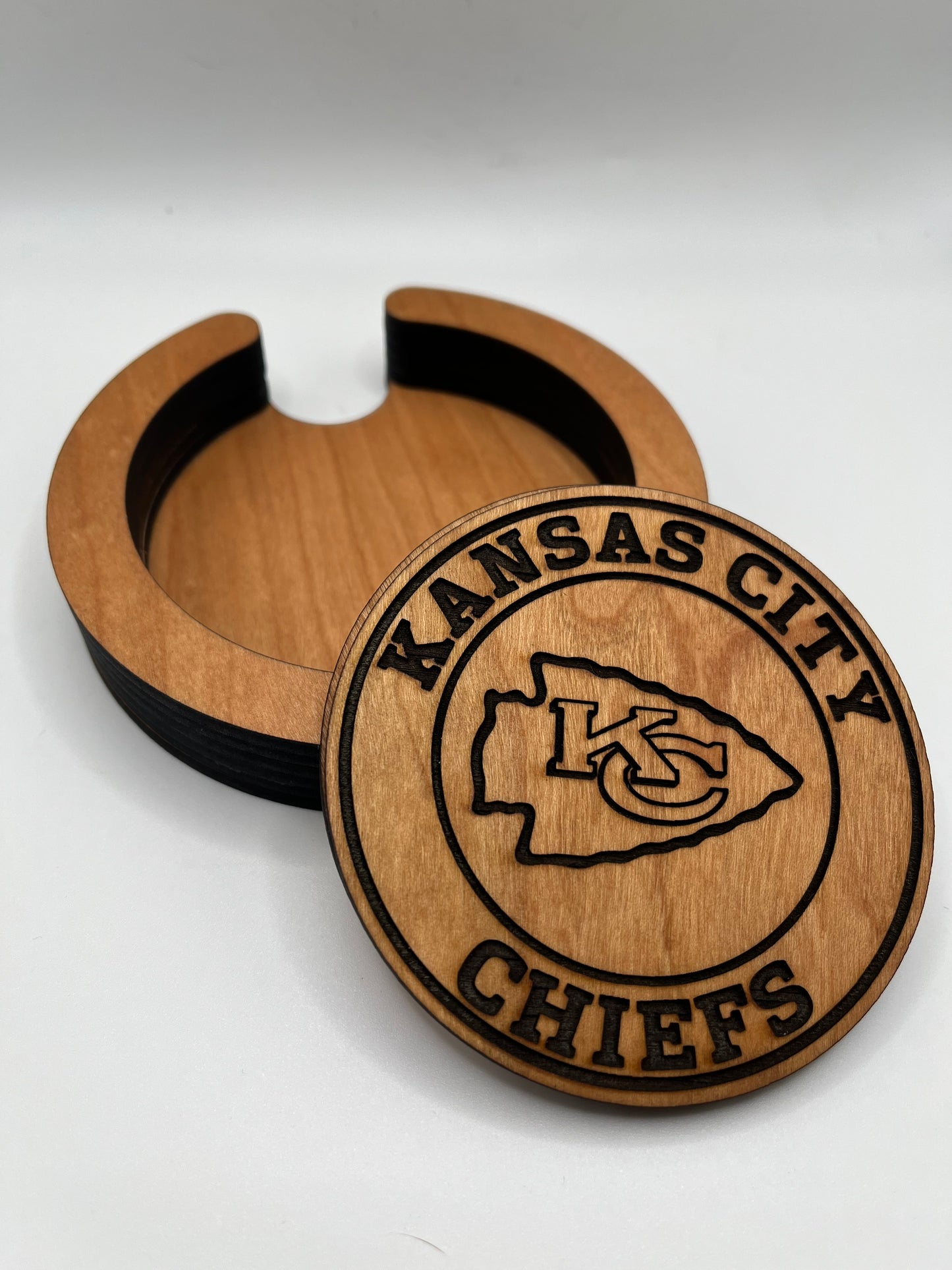 Kansas City Chiefs Laser Engraved Wooden Coaster Set - Stained & Sealed for Durability