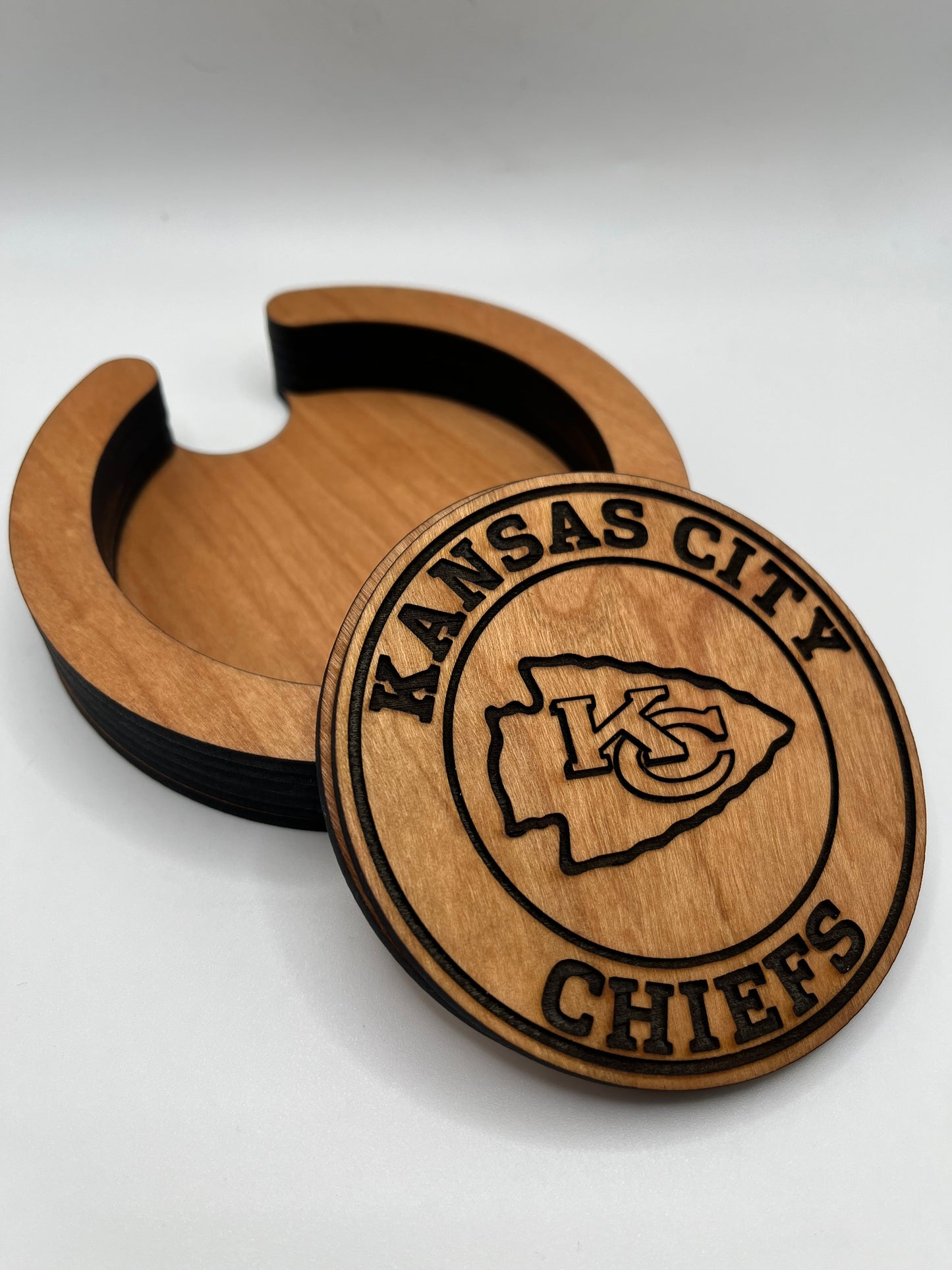 Kansas City Chiefs Laser Engraved Wooden Coaster Set - Stained & Sealed for Durability