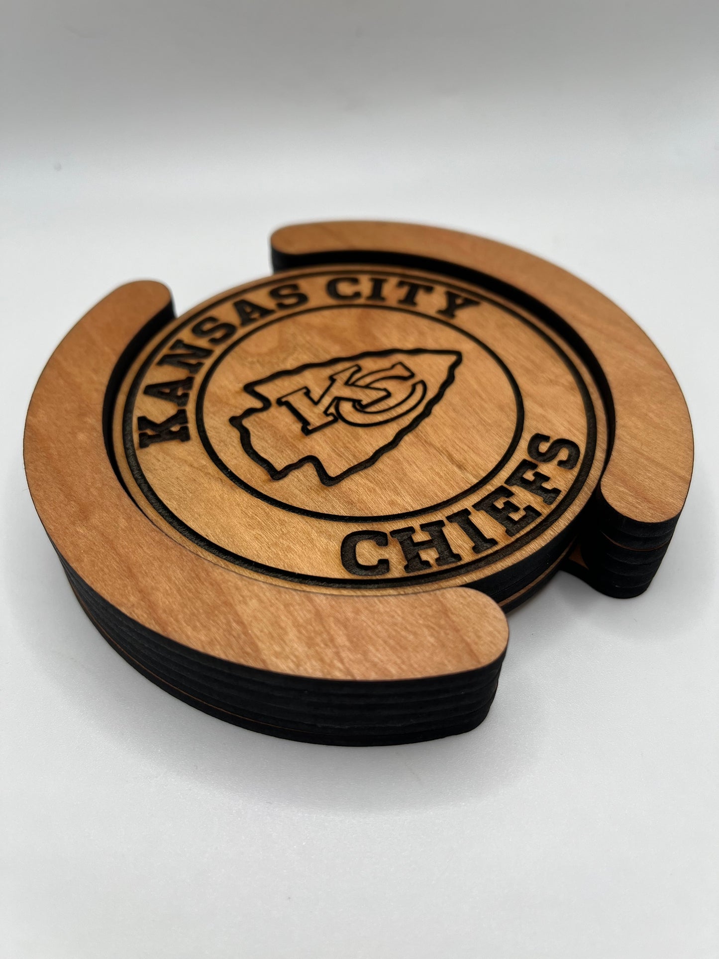 Kansas City Chiefs Laser Engraved Wooden Coaster Set - Stained & Sealed for Durability