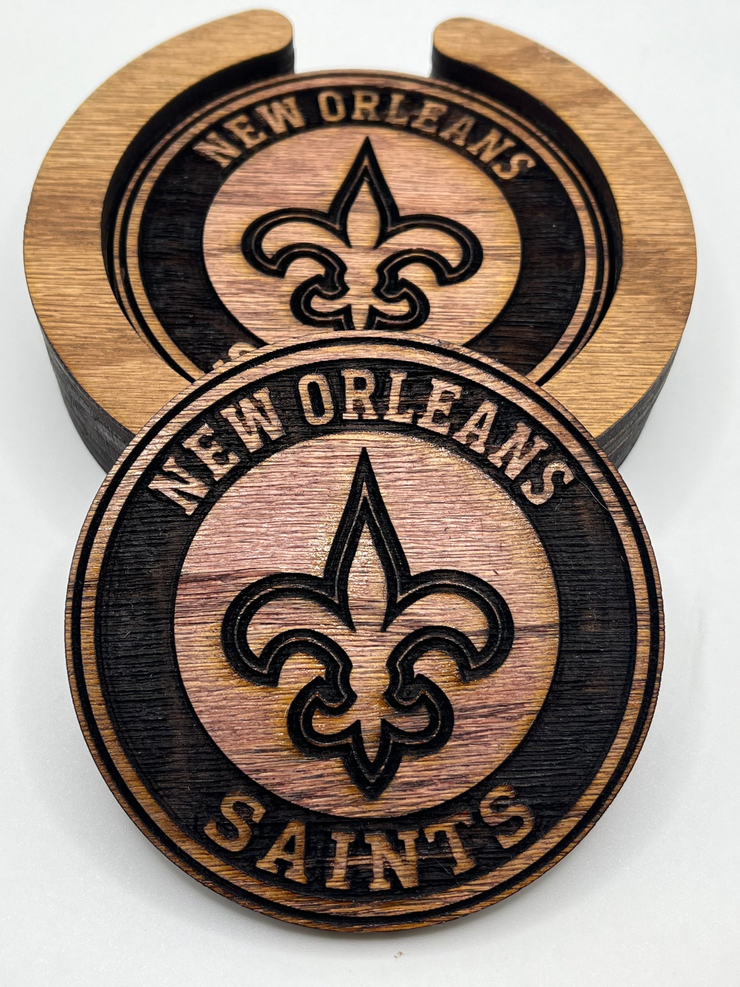 New Orleans Saints Laser Engraved Wooden Coaster Set - Stained & Sealed for Durability