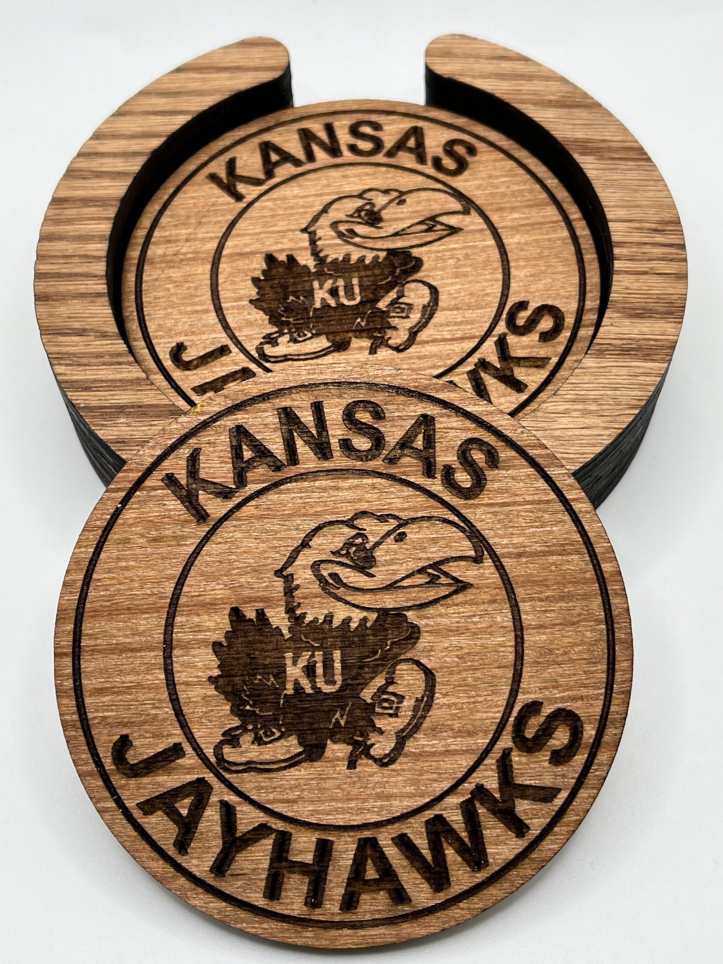 University of Kansas Laser Engraved Wooden Coaster Set - Stained & Sealed for Durability