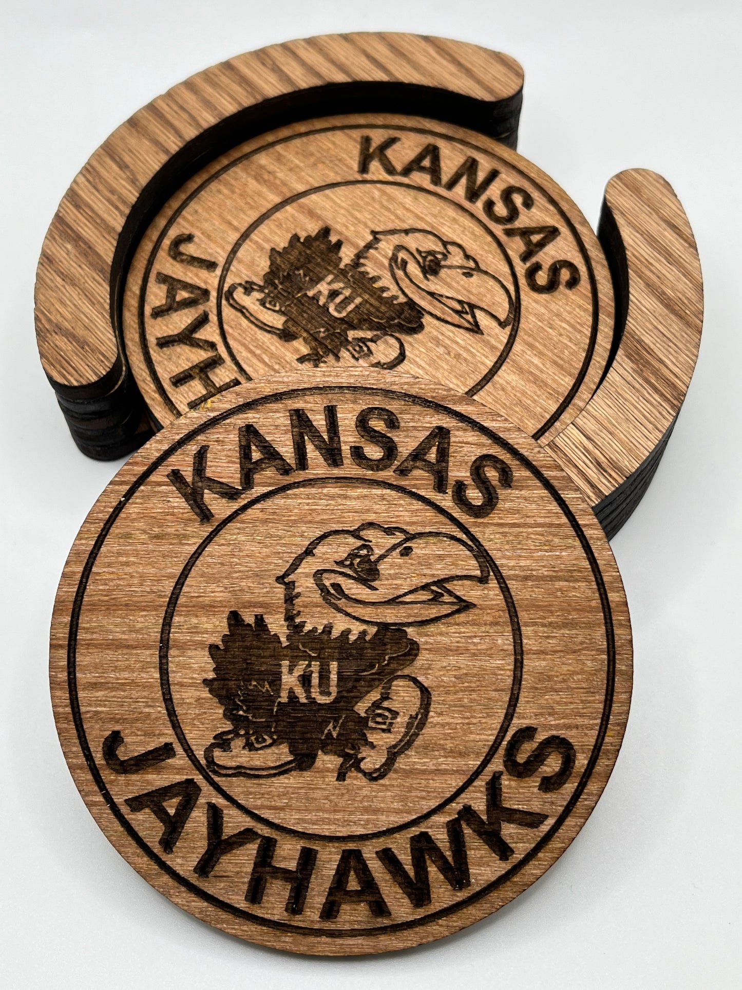 University of Kansas Laser Engraved Wooden Coaster Set - Stained & Sealed for Durability