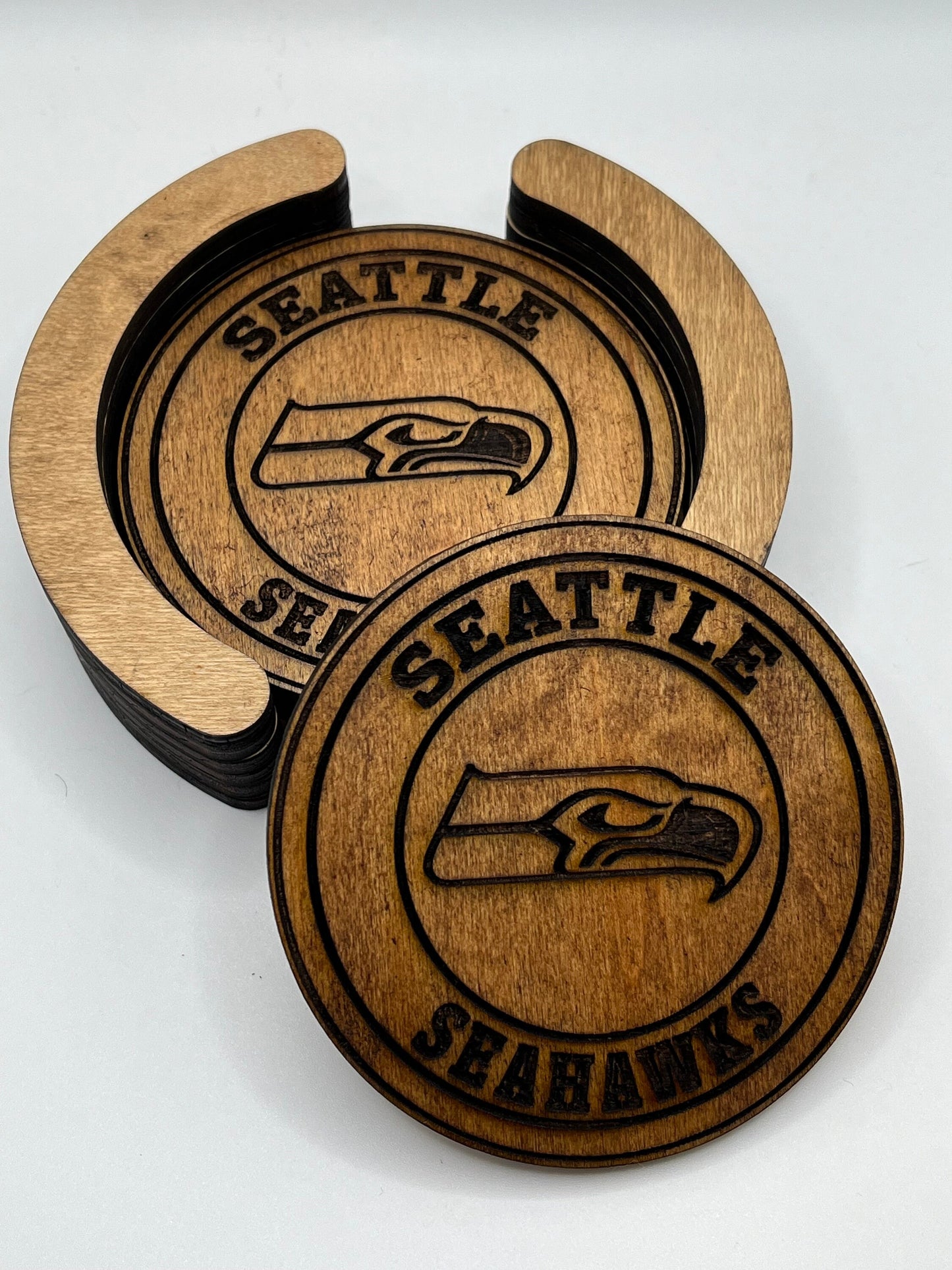 Seattle Seahawks Coasters - 4 Laser Engraved, Stained & Sealed Coasters, Holder,Perfect for Game Day or Unique Gift