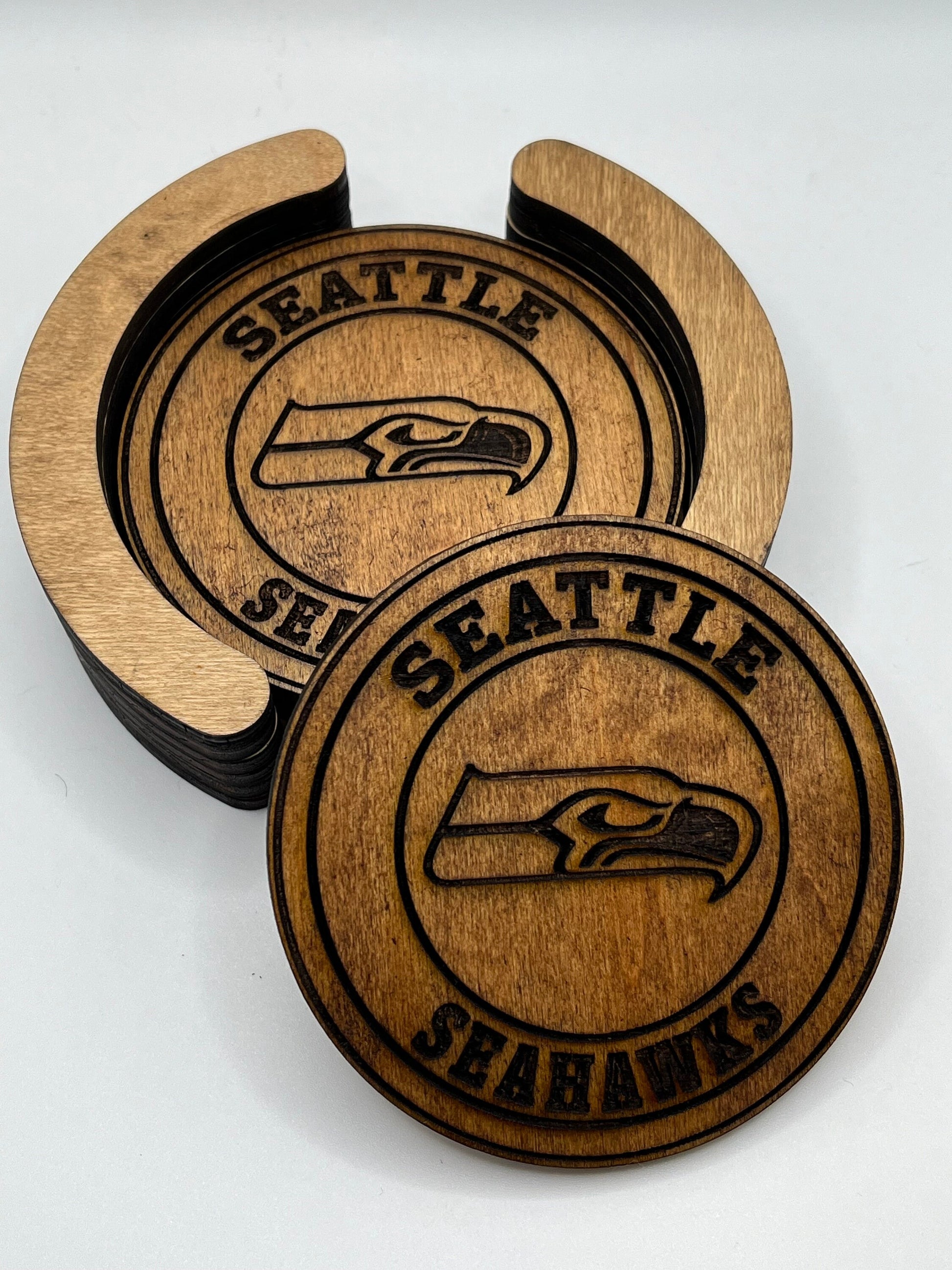 Seattle Seahawks Coasters - 4 Laser Engraved, Stained & Sealed Coasters, Holder,Perfect for Game Day or Unique Gift