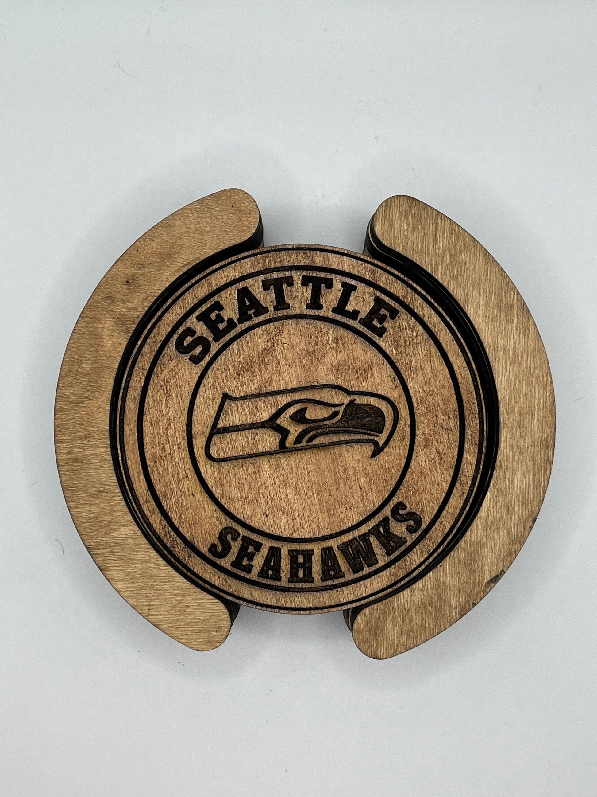 Seattle Seahawks Coasters - 4 Laser Engraved, Stained & Sealed Coasters, Holder,Perfect for Game Day or Unique Gift