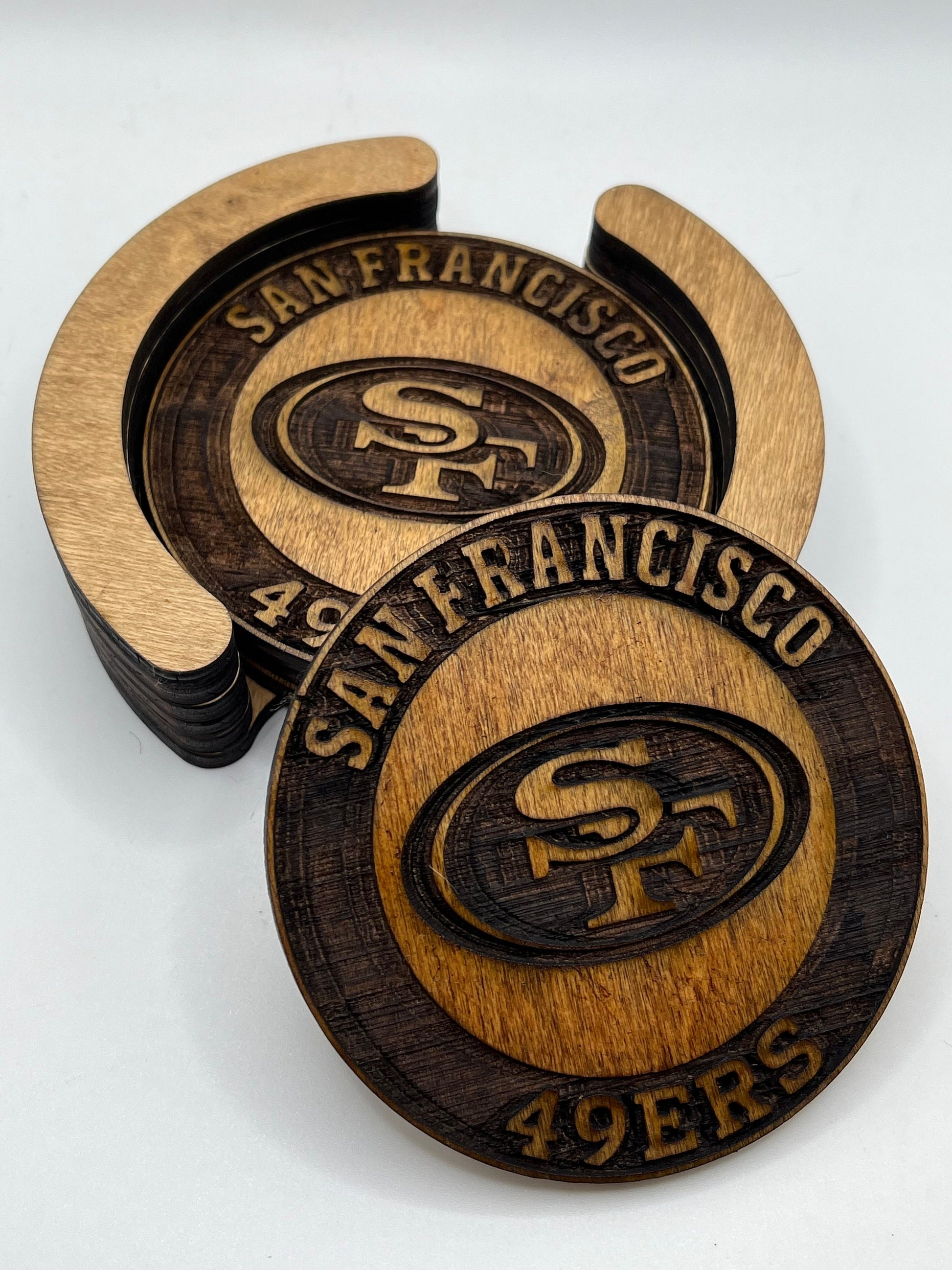 San Francisco 49ers Coasters - 4 Laser Engraved, Stained & Sealed Coasters, Holder,Perfect for Game Day or Unique Gift