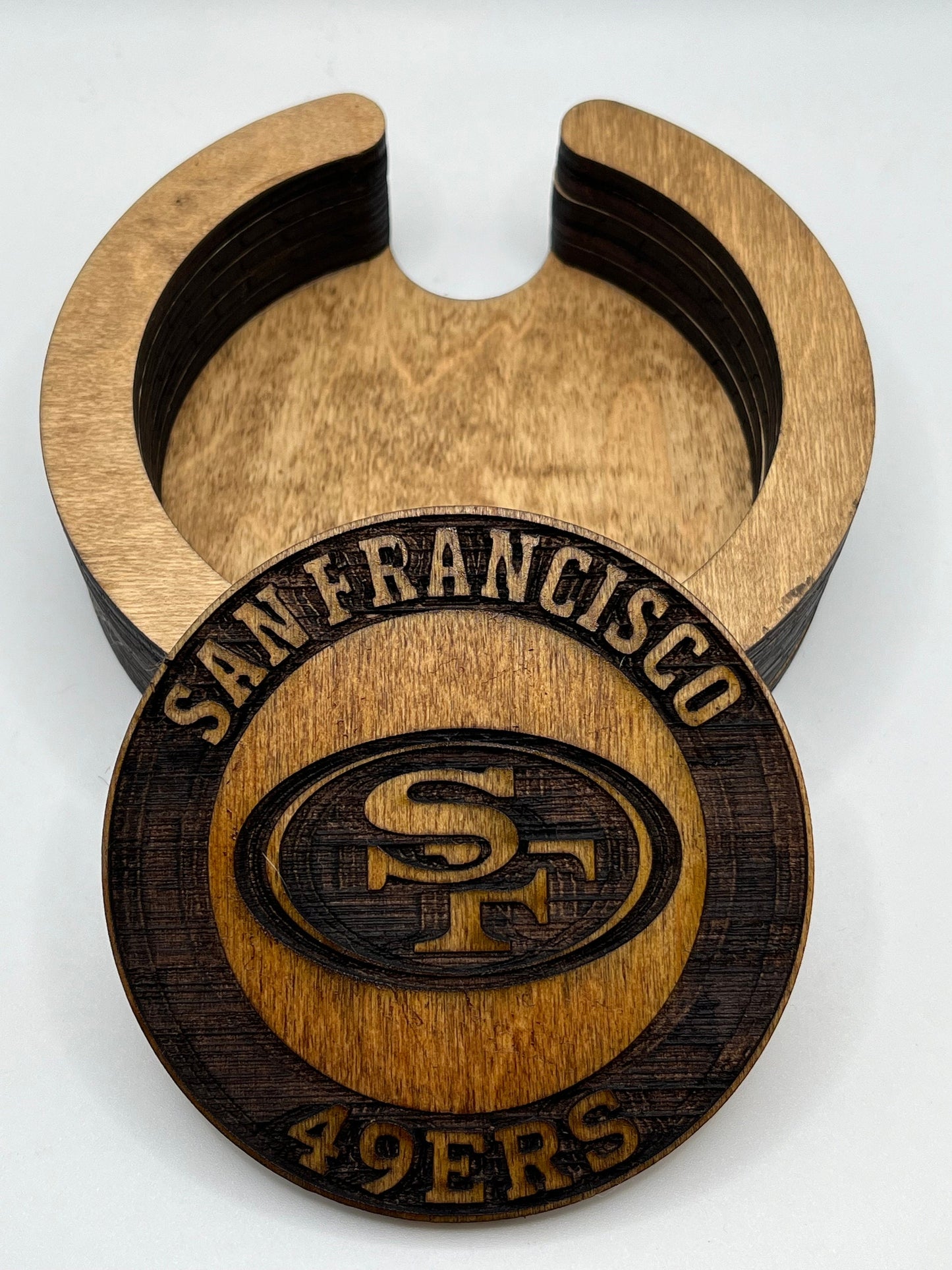 San Francisco 49ers Coasters - 4 Laser Engraved, Stained & Sealed Coasters, Holder,Perfect for Game Day or Unique Gift