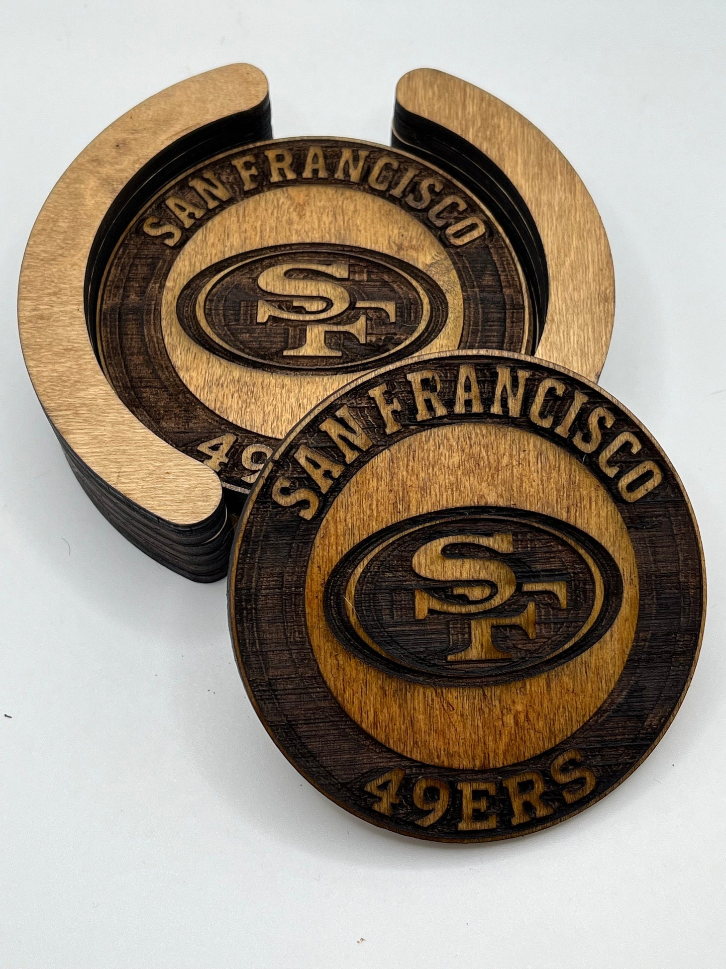 San Francisco 49ers Coasters - 4 Laser Engraved, Stained & Sealed Coasters, Holder,Perfect for Game Day or Unique Gift