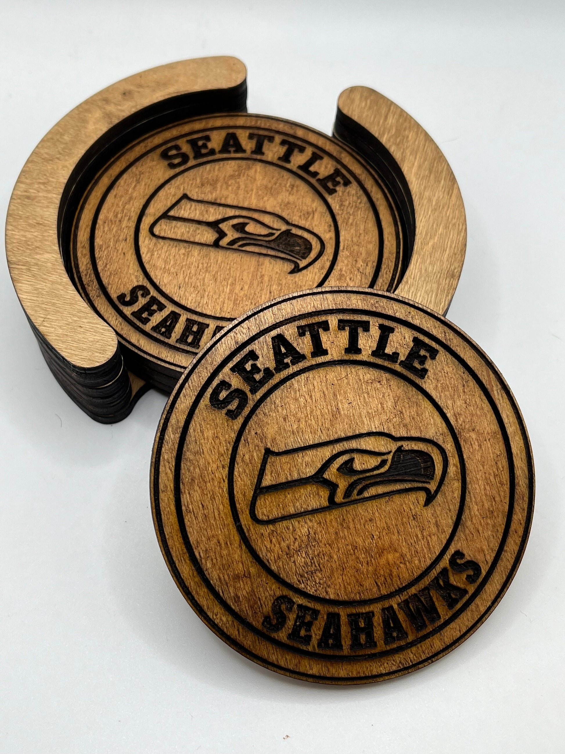 Seattle Seahawks Coasters - 4 Laser Engraved, Stained & Sealed Coasters, Holder,Perfect for Game Day or Unique Gift