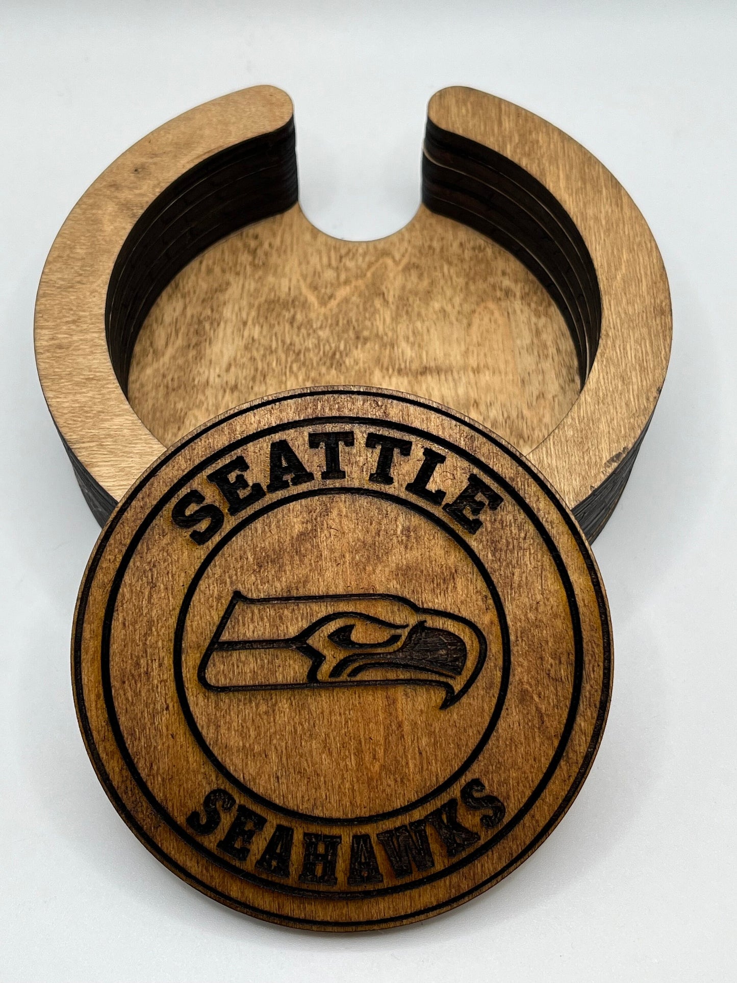 Seattle Seahawks Coasters - 4 Laser Engraved, Stained & Sealed Coasters, Holder,Perfect for Game Day or Unique Gift
