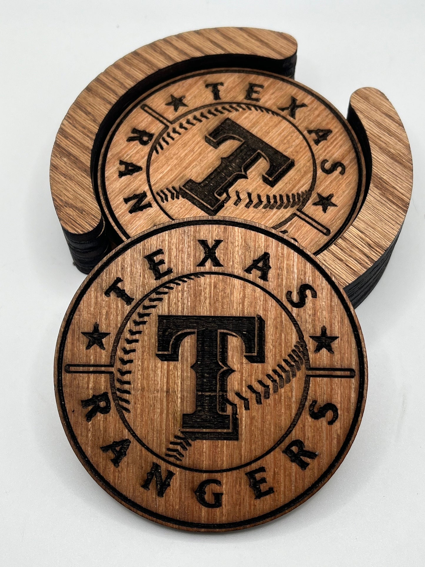 Texas Rangers Coasters, Laser Engraved, Stained & Sealed Coasters, Holder, Game Day, Unique Gift, Wood, Handcrafted