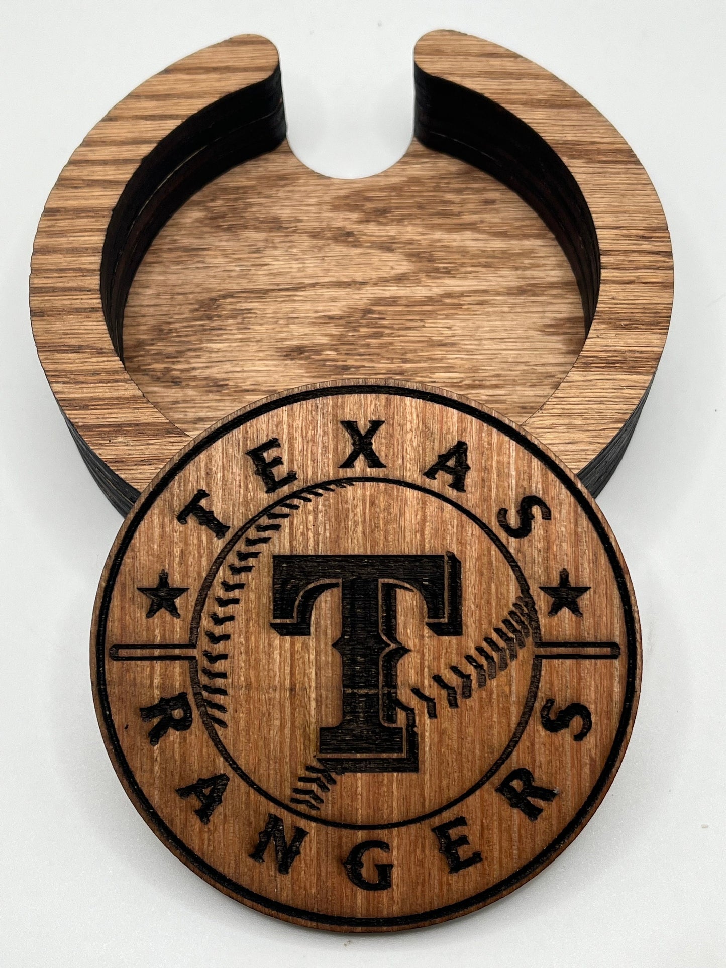 Texas Rangers Coasters, Laser Engraved, Stained & Sealed Coasters, Holder, Game Day, Unique Gift, Wood, Handcrafted