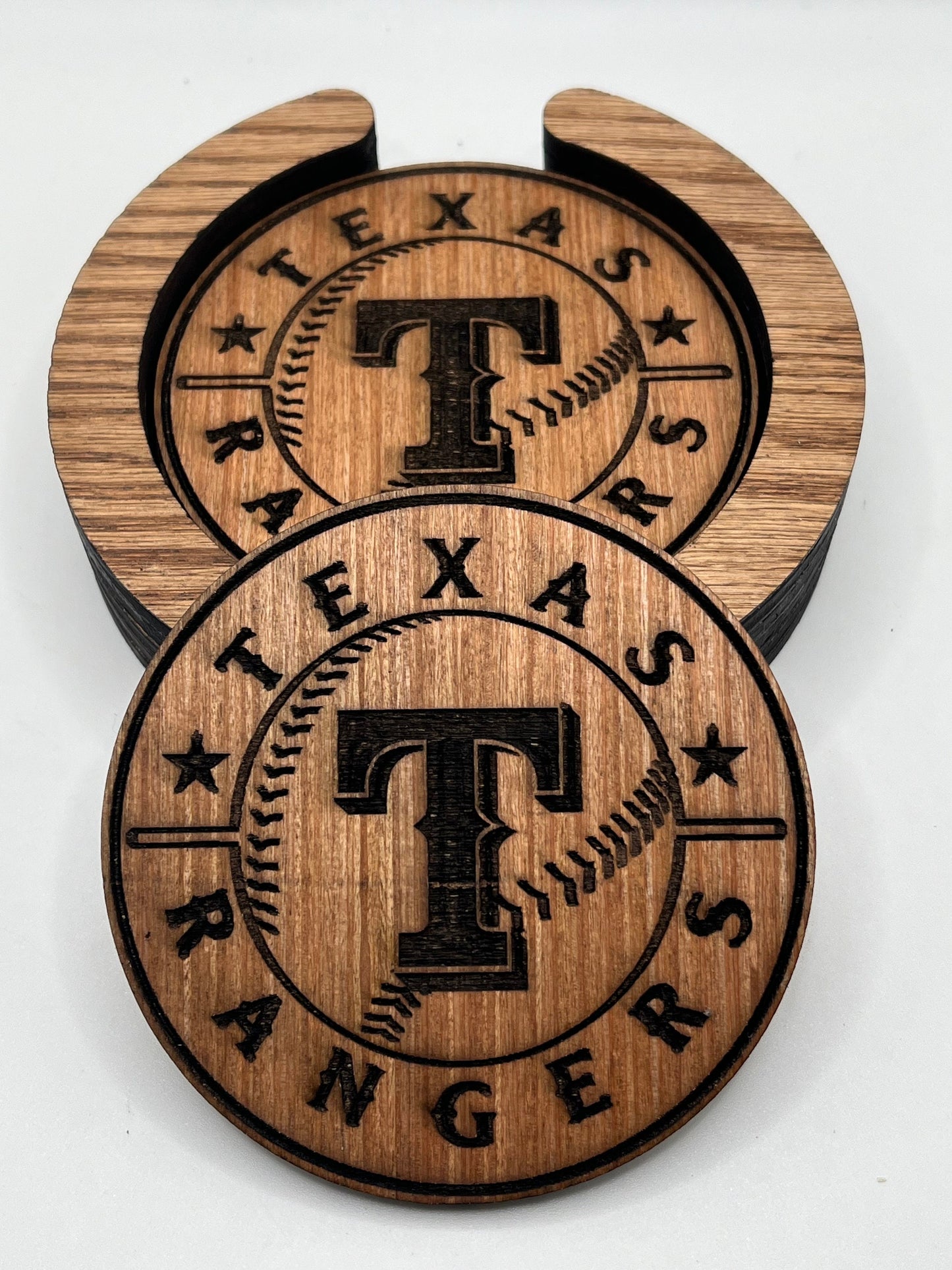 Texas Rangers Coasters, Laser Engraved, Stained & Sealed Coasters, Holder, Game Day, Unique Gift, Wood, Handcrafted