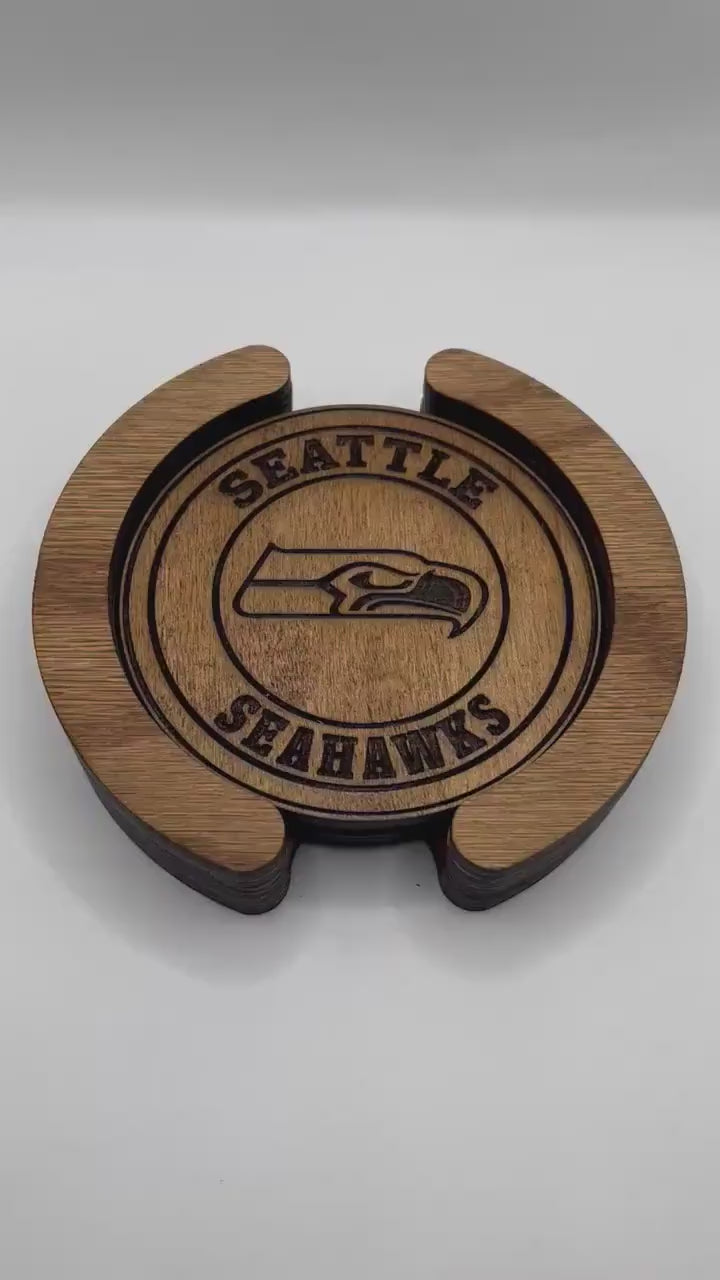Seattle Seahawks Coasters - 4 Laser Engraved, Stained & Sealed Coasters, Holder,Perfect for Game Day or Unique Gift
